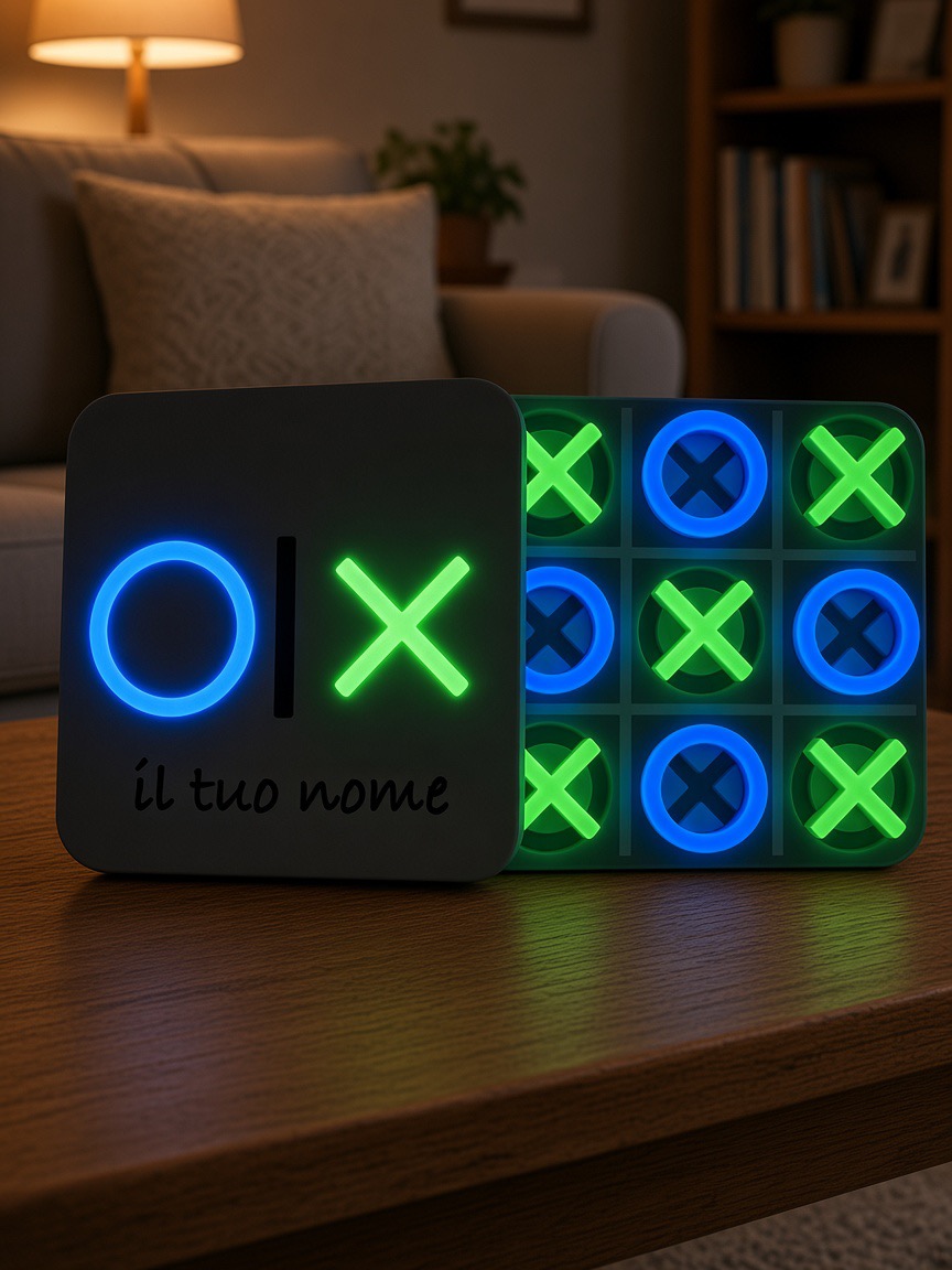 OXBOX glowing in the dark with green X and blue O pieces
